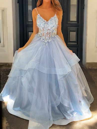 Princess V-neck Tulle Ruffle Prom Dresses With Appliques #UKM020126043