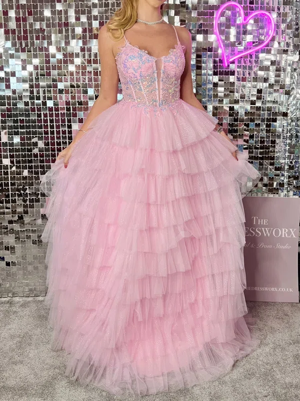 Ball Gown Scoop Neck Tulle Ruffle Tiered Prom Dresses With Appliques #UKM020126045