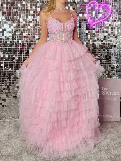 Ball Gown Scoop Neck Tulle Ruffle Tiered Prom Dresses With Appliques #UKM020126045