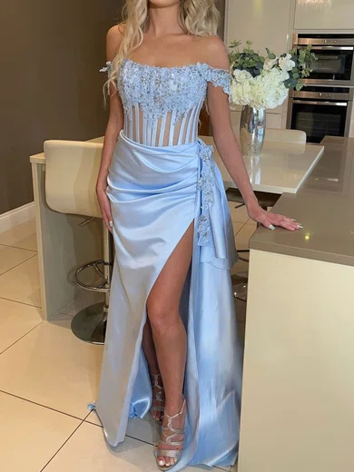 Sheath/Column Off-the-shoulder Satin Corset Prom Dresses With Appliques #UKM020126048