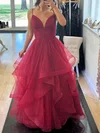 Princess V-neck Tulle Ruffle Prom Dresses #UKM020126051