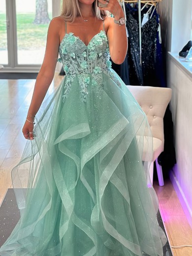 Ball Gown Sweetheart Tulle Tiered Prom Dresses With Appliques #UKM020126053