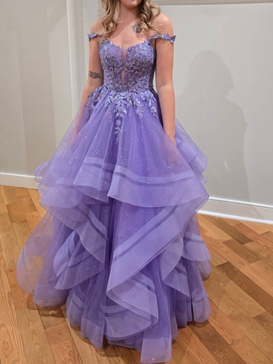 Ball Gown Off-the-shoulder Tulle Tiered Prom Dresses With Appliques #UKM020126055