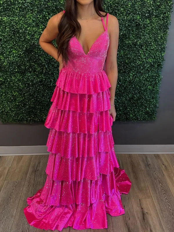 Ball Gown V-neck Satin Tiered Prom Dresses With Beading #UKM020126063