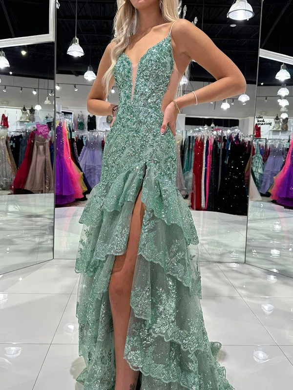 Mermaid V-neck Tulle Tiered Prom Dresses With Appliques #UKM020126070