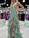 Mermaid V-neck Tulle Tiered Prom Dresses With Appliques #UKM020126070