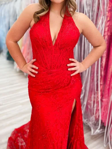 Sheath/Column Halter Lace Beaded Prom Dresses With Ruched #UKM020126073
