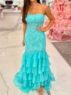Sheath/Column Strapless Chiffon Tiered Prom Dresses With Appliques #UKM020126079