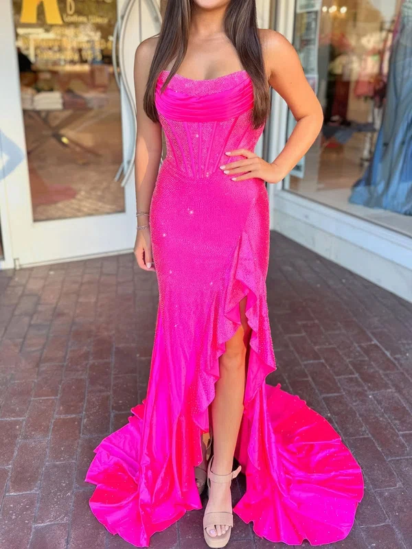 Sheath/Column Strapless Satin Beaded Prom Dresses With Ruffle #UKM020126082