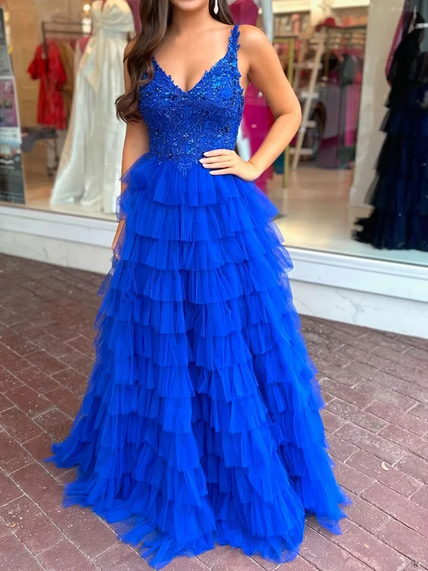 Ball Gown V-neck Tulle Ruffle Tiered Prom Dresses With Appliques #UKM020126088