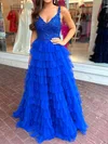 Ball Gown V-neck Tulle Ruffle Tiered Prom Dresses With Appliques #UKM020126088