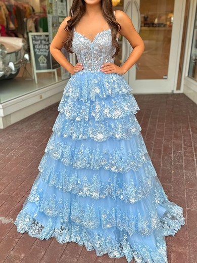 Ball Gown Sweetheart Tulle Tiered Prom Dresses With Appliques #UKM020126093
