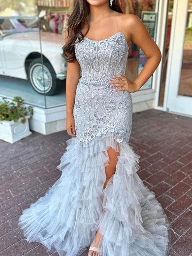Mermaid Scoop Neck Tulle Ruffle Tiered Prom Dresses With Appliques #UKM020126096