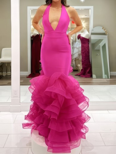 Mermaid Halter Stretch Crepe Ruffle Tiered Prom Dresses #UKM020126110