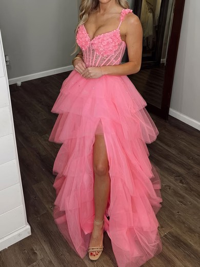 Ball Gown V-neck Tulle Tiered Prom Dresses With 3D Floral #UKM020126113