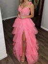 Ball Gown V-neck Tulle Tiered Prom Dresses With 3D Floral #UKM020126113