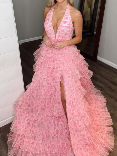 Ball Gown Halter Tulle Floral Ruffle Tiered Prom Dresses #UKM020126114