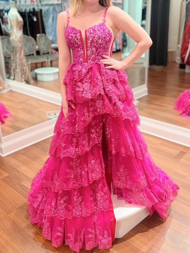 Ball Gown V-neck Tulle Tiered Prom Dresses With Appliques #UKM020126183