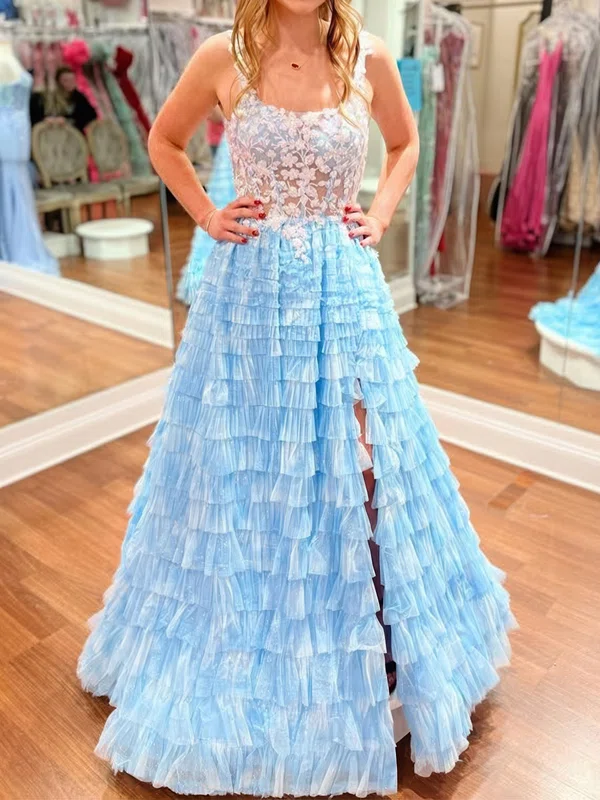 Ball Gown Scoop Neck Tulle Tiered Prom Dresses With Appliques #UKM020126184