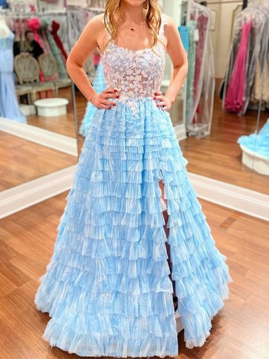 Ball Gown Scoop Neck Tulle Tiered Prom Dresses With Appliques #UKM020126184