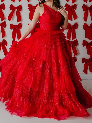 Ball Gown One Shoulder Tulle Ruffle Tiered Prom Dresses #UKM020126200