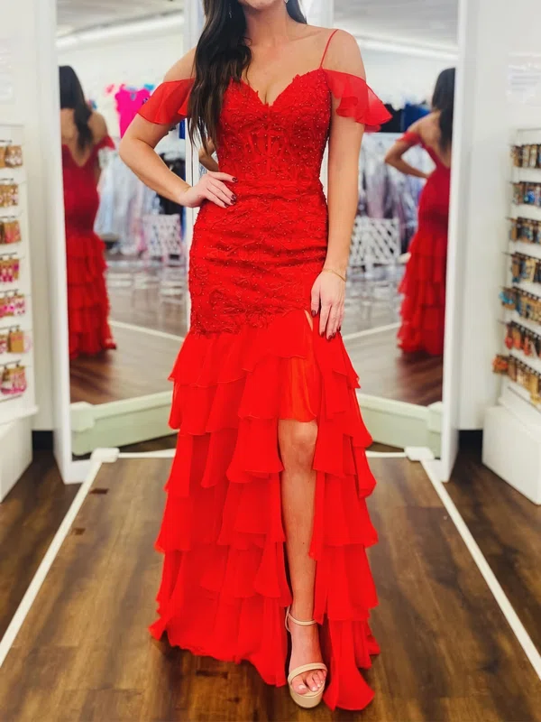 Hello V-neck Chiffon Tiered Prom Dresses With Appliques #UKM020126214