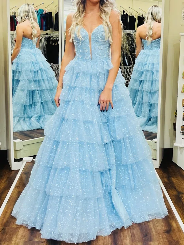 Ball Gown Strapless Tulle Tiered Prom Dresses With Appliques #UKM020126215