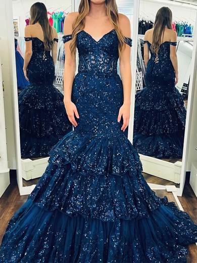 Mermaid Off-the-shoulder Tulle Tiered Prom Dresses With Appliques #UKM020126216