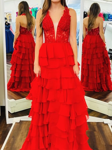 Ball Gown Halter Chiffon Tiered Prom Dresses With Appliques #UKM020126221