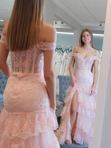 Mermaid Off-the-shoulder Tulle Tiered Prom Dresses With Appliques #UKM020126242
