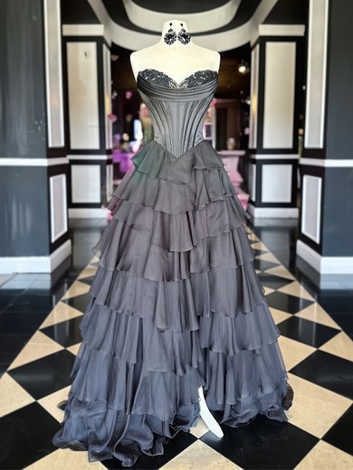 Ball Gown Strapless Satin Chiffon Tiered Prom Dresses With Appliques #UKM020126251