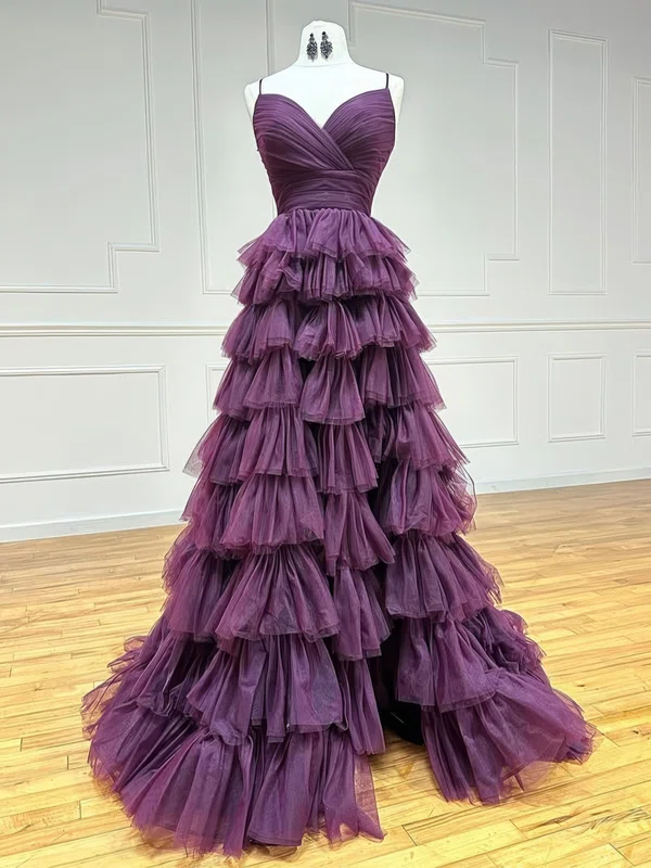 Modest Ball Gown/Princess Tulle V-neck Tiered Ruffle Prom Dresses #UKM020126257