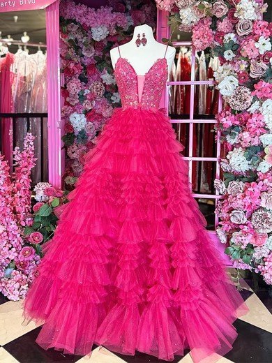 Ball Gown V-neck Tulle Ruffle Tiered Prom Dresses With Appliques #UKM020126260
