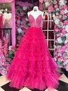 Ball Gown V-neck Tulle Ruffle Tiered Prom Dresses With Appliques #UKM020126260