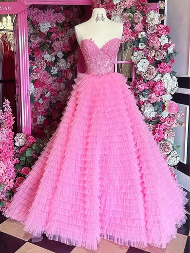 Ball Gown Strapless Tulle Ruffle Tiered Prom Dresses With Appliques #UKM020126262