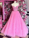 Ball Gown Strapless Tulle Ruffle Tiered Prom Dresses With Appliques #UKM020126262