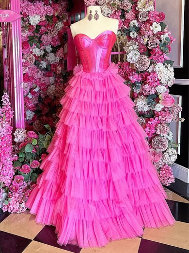 Ball Gown Strapless Satin Tulle Ruffle Tiered Prom Dresses #UKM020126265
