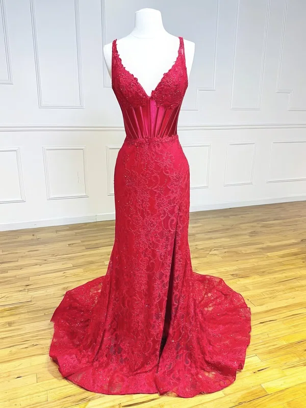 Sheath/Column V-neck Lace Corset Beaded Prom Dresses #UKM020126266