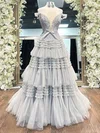 Ball Gown Off-the-shoulder Tulle Tiered Prom Dresses With Appliques #UKM020126267