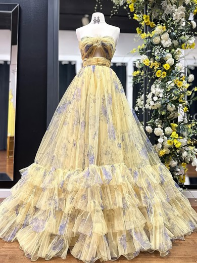 Ball Gown Strapless Tulle Floral Prom Dresses With Ruched #UKM020126270