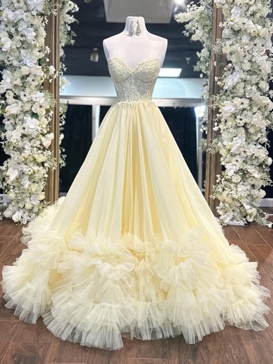 Princess Strapless Tulle Ruffle Prom Dresses With Appliques #UKM020126273