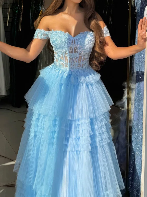 Ball Gown Off-the-shoulder Tulle Tiered Prom Dresses With Appliques #UKM020126326