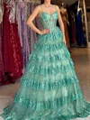 Ball Gown V-neck Tulle Tiered Prom Dresses With Appliques #UKM020126333