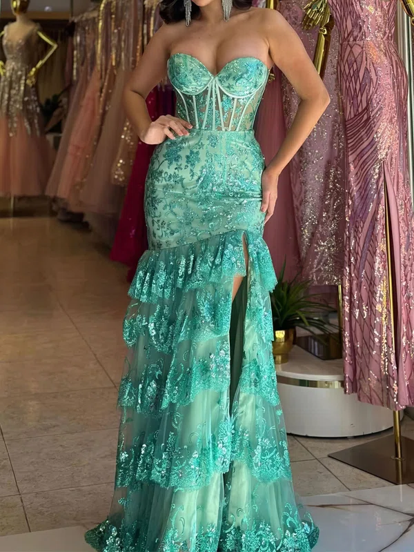 Mermaid Strapless Tulle Tiered Prom Dresses With Appliques #UKM020126334