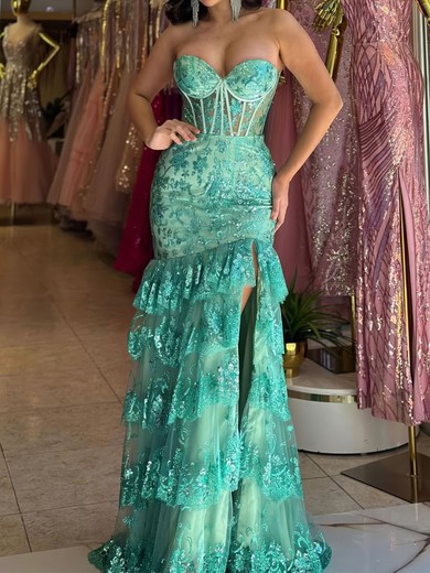 Mermaid Strapless Tulle Tiered Prom Dresses With Appliques #UKM020126334
