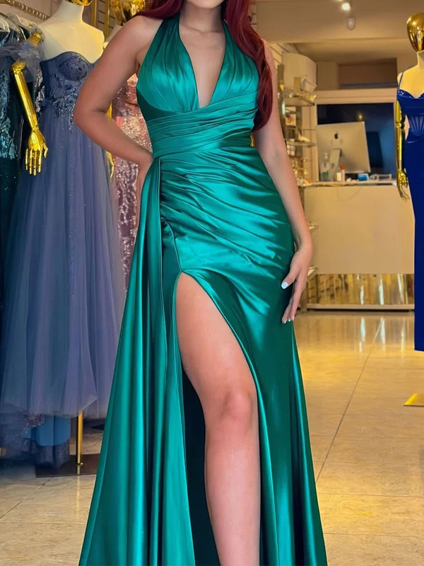 Mermaid Satin Ruched Halter Prom Dresses #UKM020126350