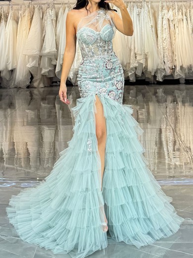Mermaid One Shoulder Tulle Tiered Prom Dresses With Appliques #UKM020126377