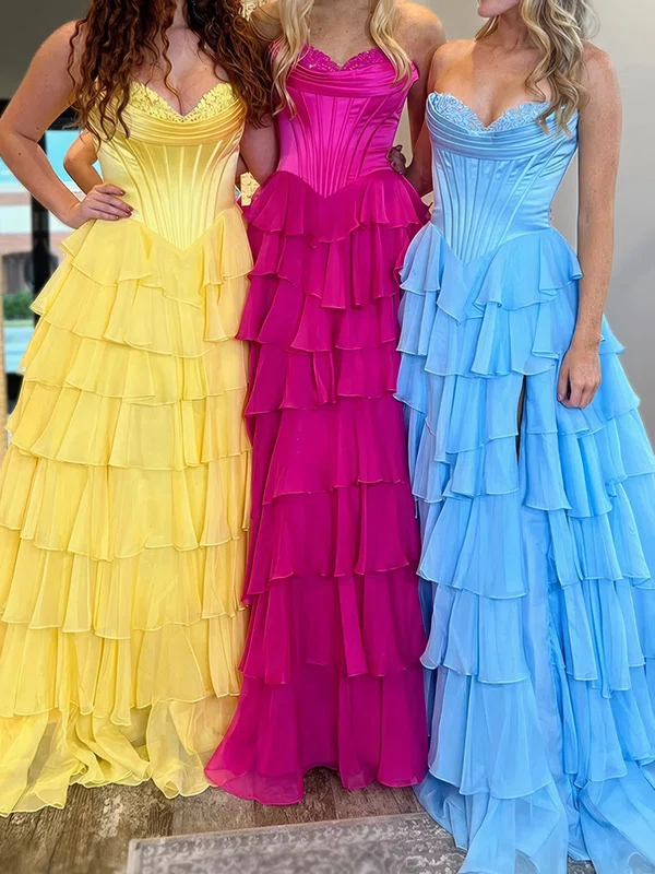 Ball Gown Strapless Satin Chiffon Ruffle Tiered Prom Dresses #UKM020126391