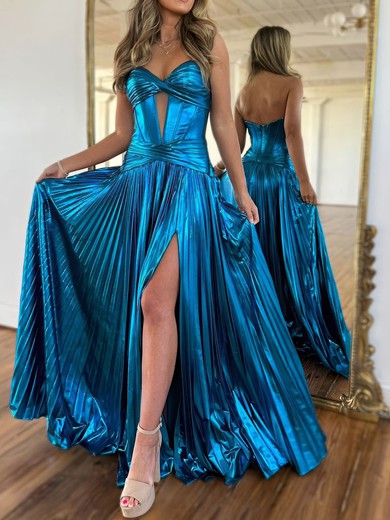 Sparkly A-line Metallic Sweetheart Ruched Split Prom Dresses #UKM020126405