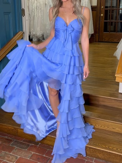 A-line V-neck Chiffon Ruffle Tiered Prom Dresses #UKM020126412